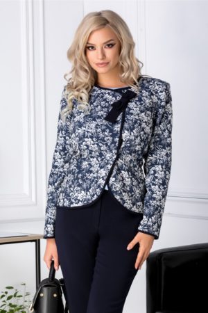 Jacheta dama de toamna iarna bleumarin cu design asimetric si imprimeu floral gri Ginette
