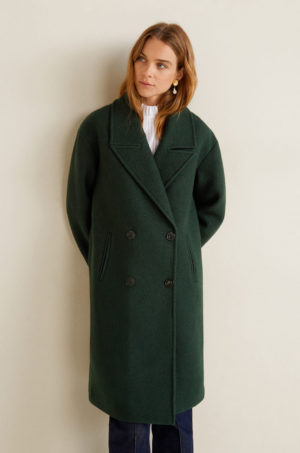 Palton elegant verde lung pentru femei confectionat din material cu lana Mango Brownie